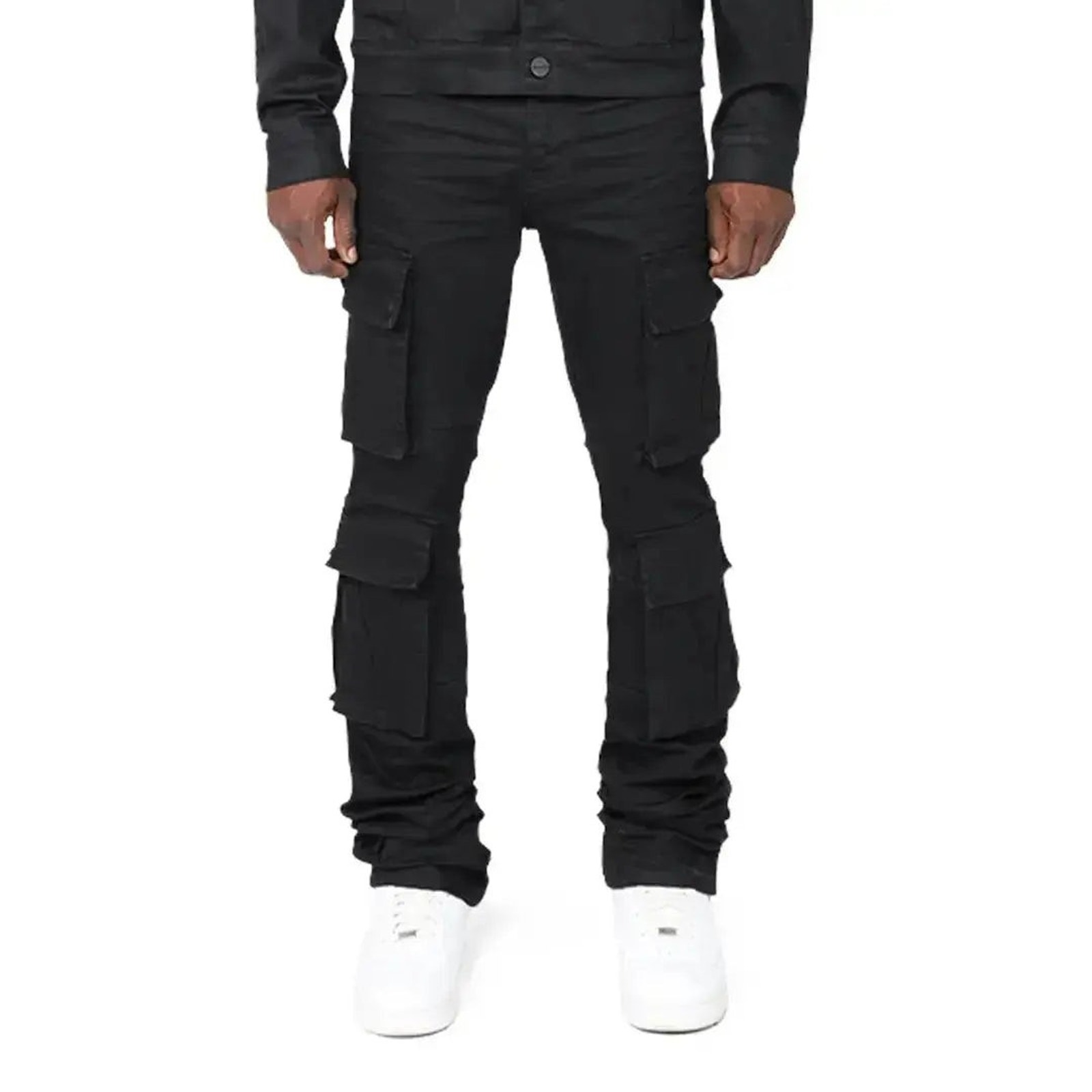 Smoke Rise Stacked Flare Cargo Jet Black Jeans Size 3436